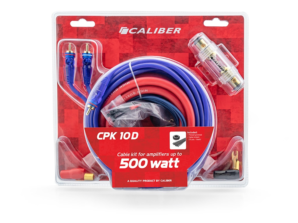 Caliber CPK 10D Verstärker-Kabelkit für bis zu 500 Watt in roter Blisterverpackung mit blauen und roten Kabeln.