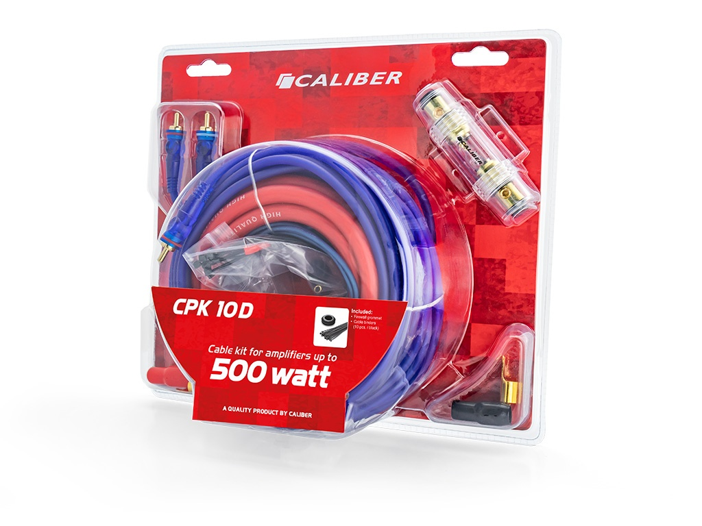 Caliber CPK 10D Verstärker-Kabelsatz in Blisterverpackung mit blauen und roten Stromkabeln, Sicherung und Steckern.