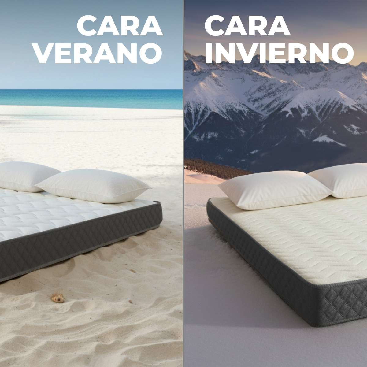 Comparación de un colchón para verano en la playa e invierno en la montaña.