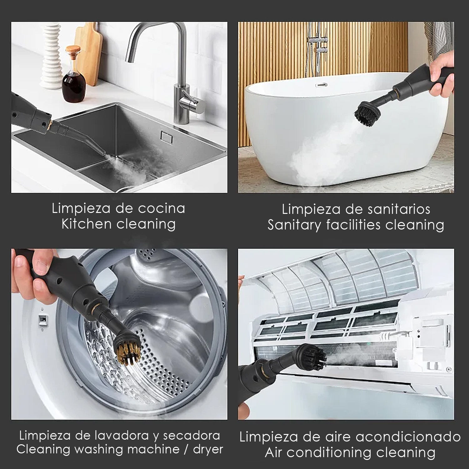 Cuatro imágenes muestran la limpieza con vapor de cocina, baño, lavadora y aire.