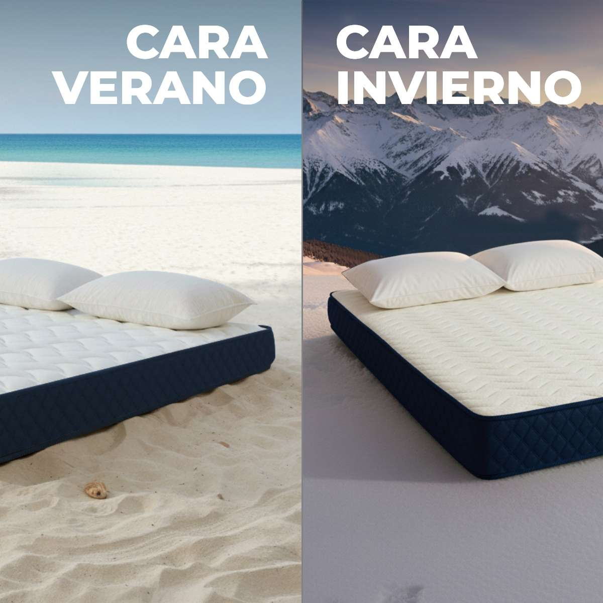 Una imagen dividida muestra un colchón en una playa soleada para el verano y en una montaña nevada para el invierno.