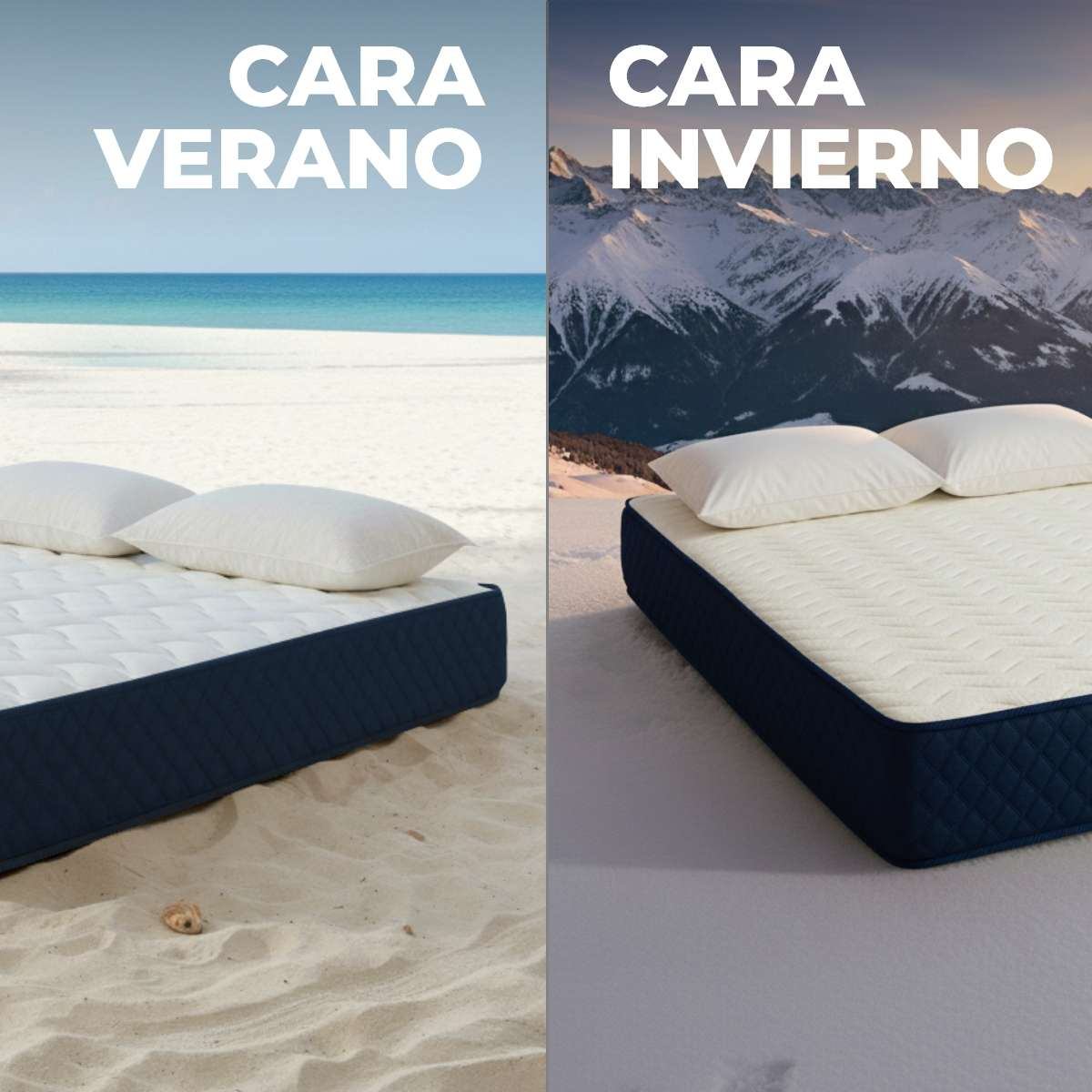 Imagen dividida que muestra un colchón en una playa soleada y en una montaña nevada.