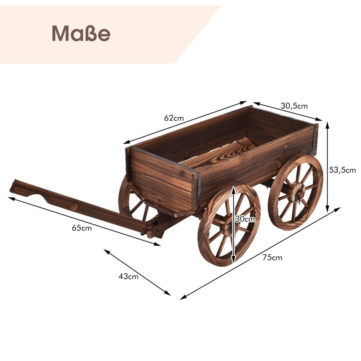 Diagram met de afmetingen van een decoratieve houten handkar met vier wielen en een handvat.