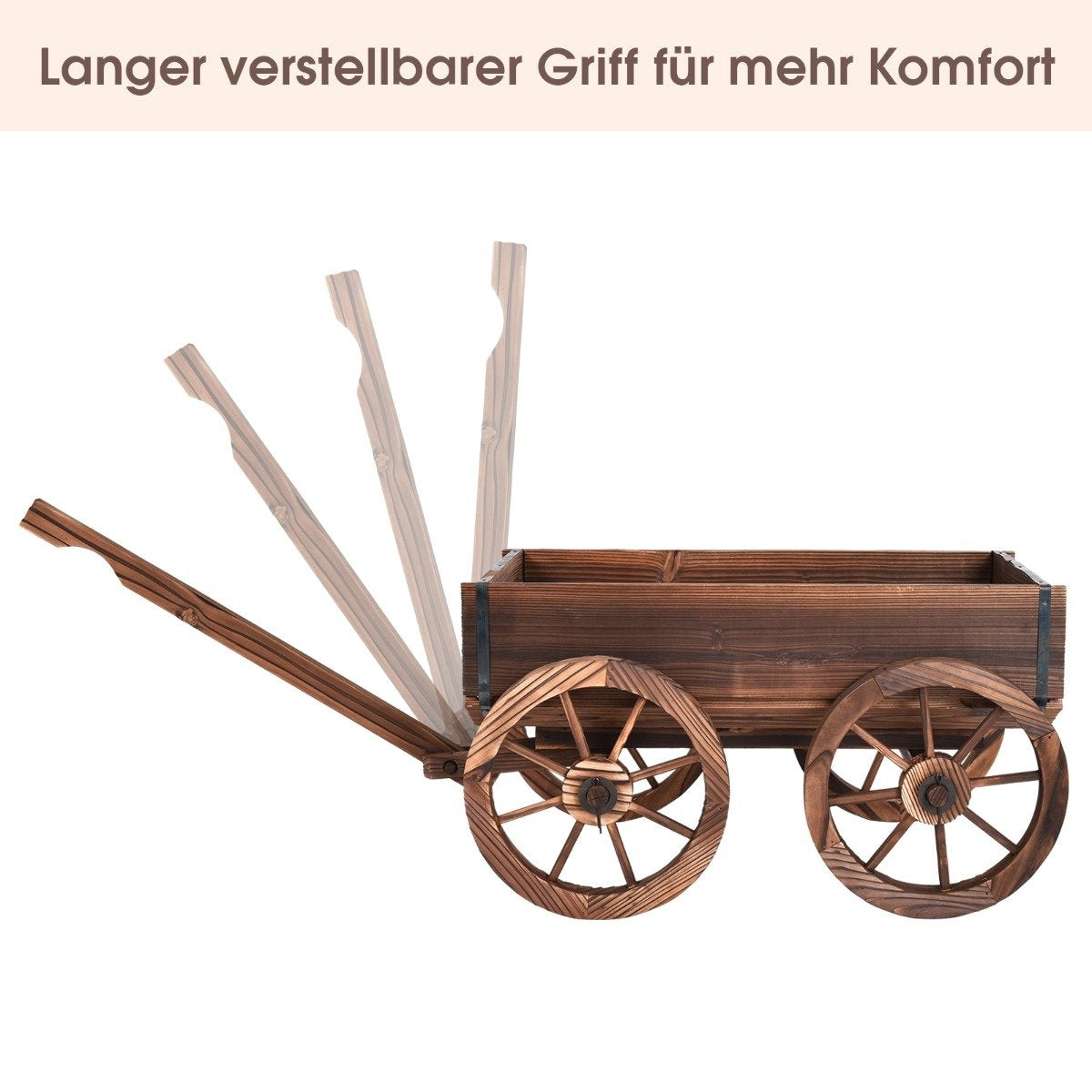 Een houten handkar met vier grote spakenwielen en een verstelbare handgreep.
