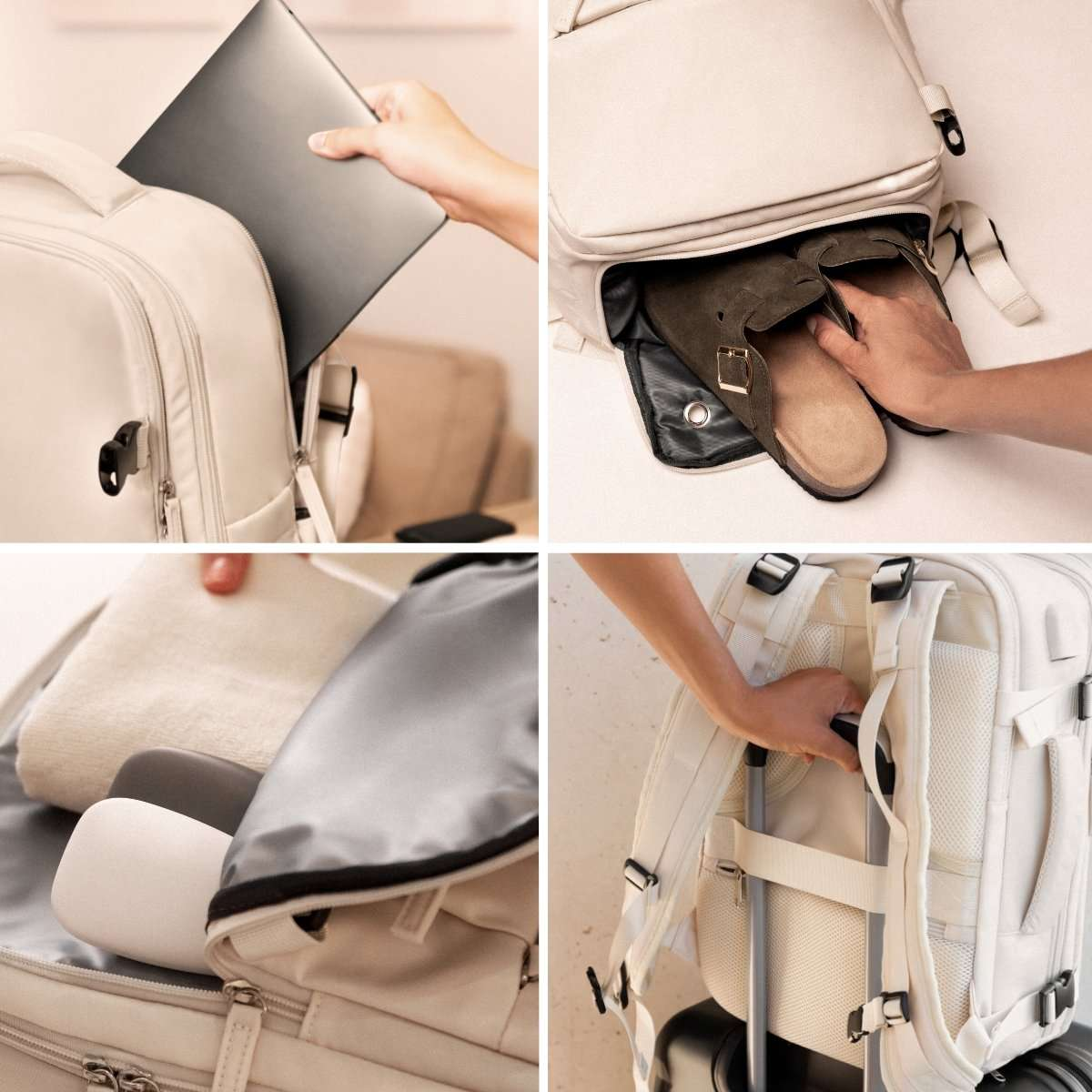 Cuatro paneles muestran detalles de una mochila beige con portátil, zapatos, ropa doblada y funda para maleta.