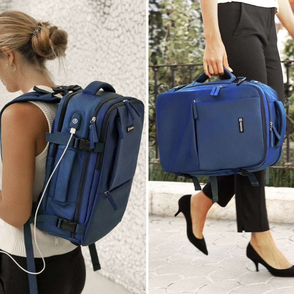 Una mujer lleva una mochila azul que también se puede usar como bolso.