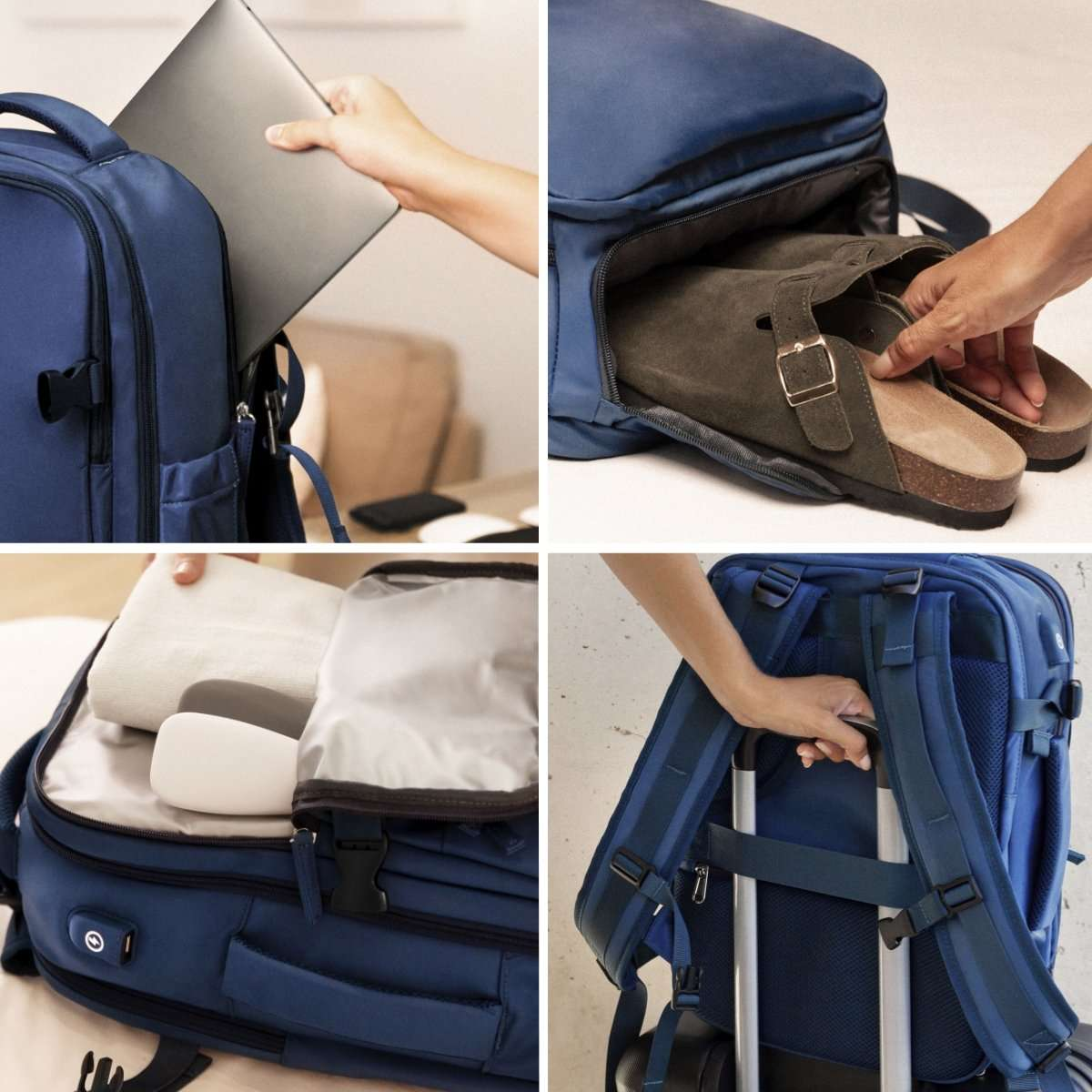 Cuatro paneles que muestran una mochila azul siendo empacada con una laptop, sandalias, ropa y asegurada en una maleta.
