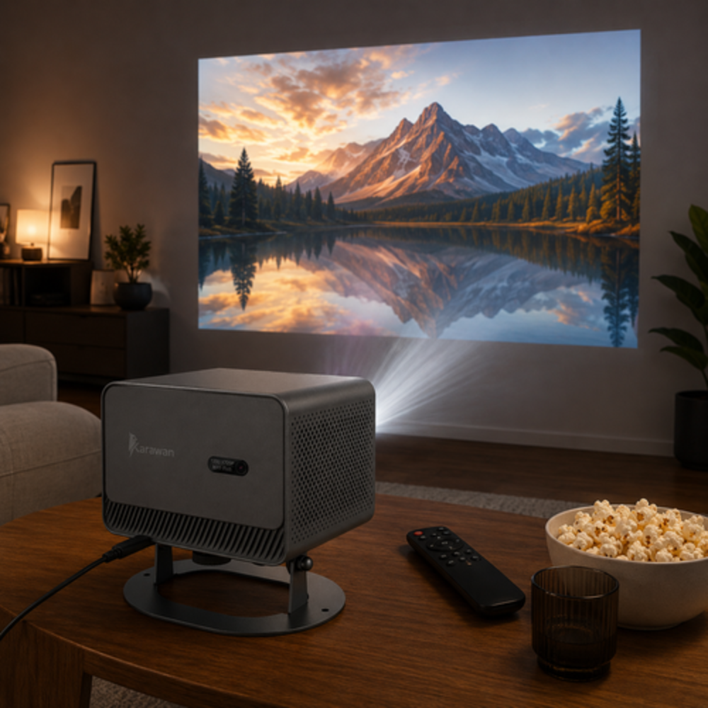 Un proyector sobre una mesa de madera proyecta un paisaje montañoso en la pared, junto a palomitas y un mando.