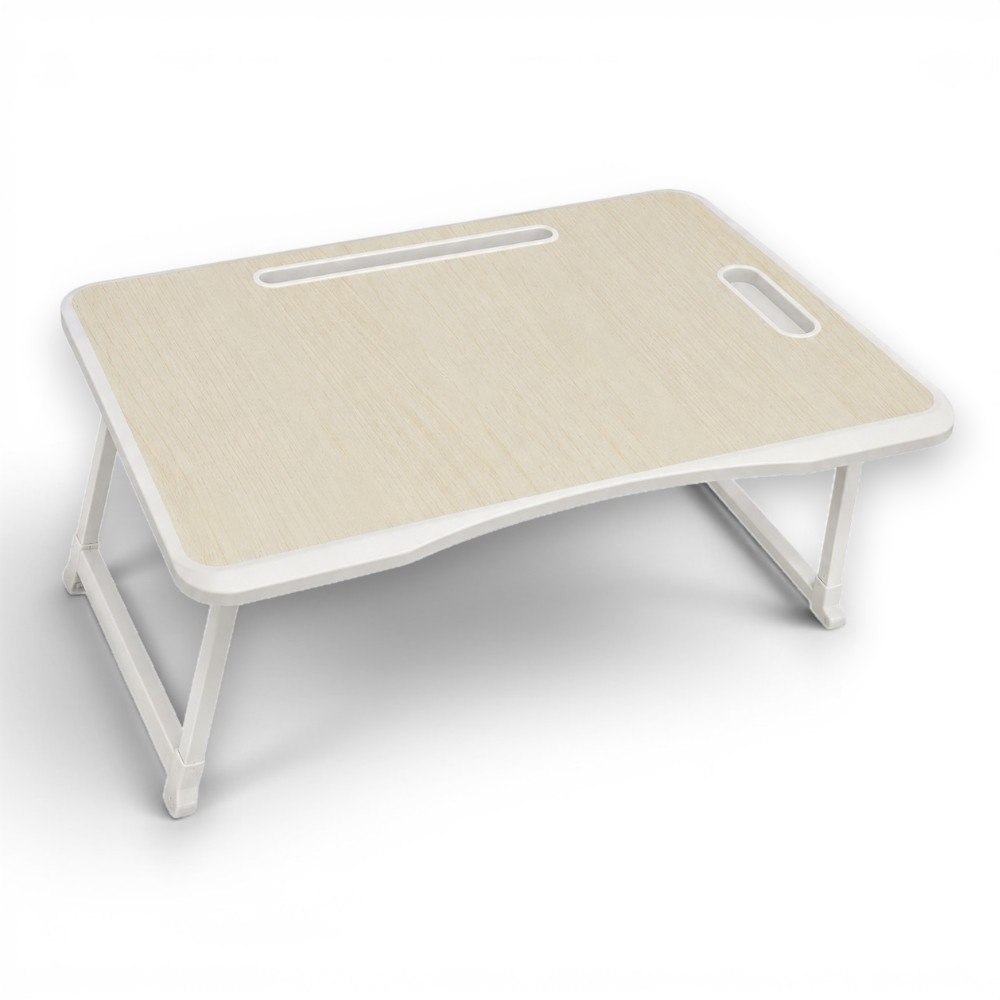 Mesa portátil para portátil con superficie de madera clara, borde blanco y patas plegables.