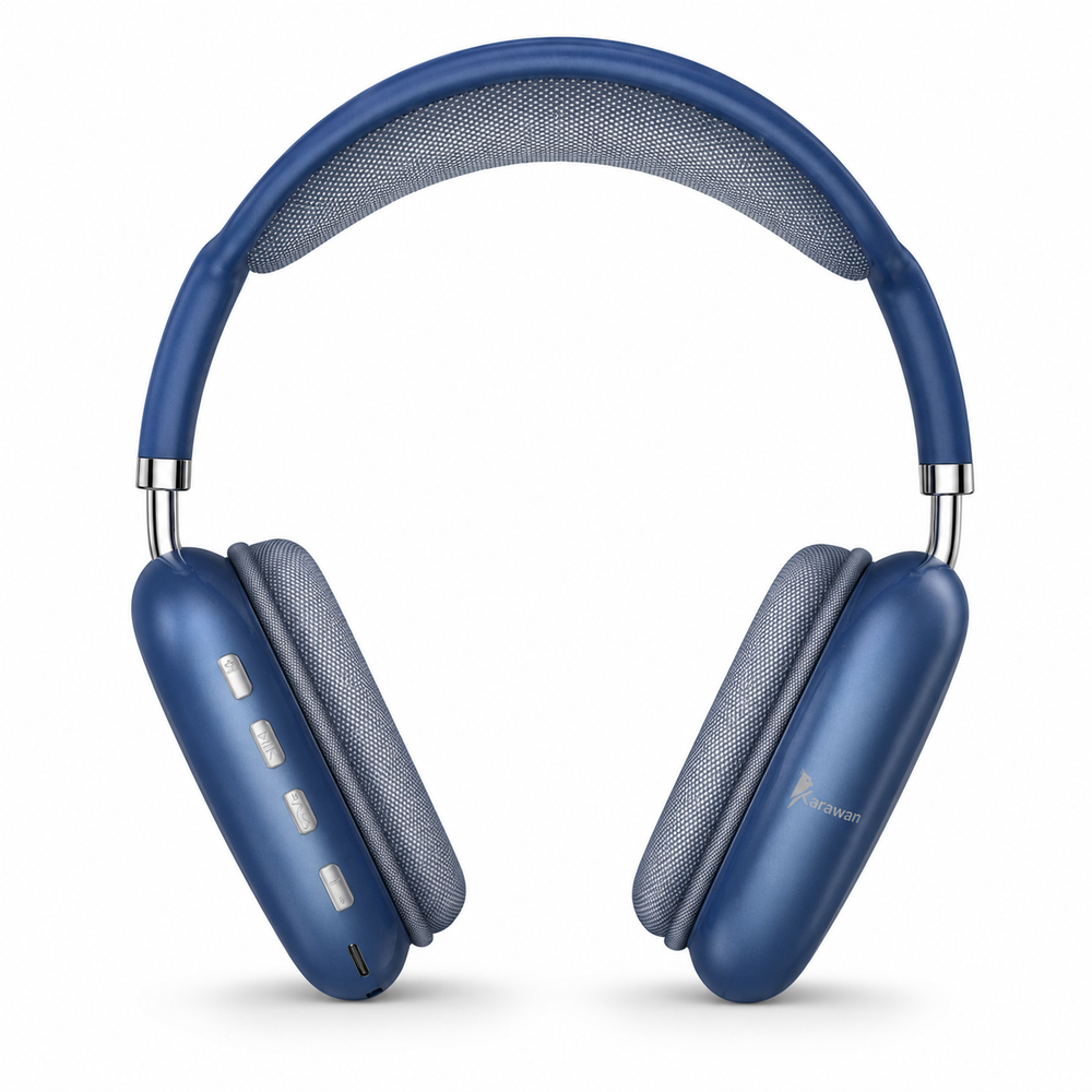 Auriculares inalámbricos azules de diadema con malla y botones en la copa izquierda, sobre fondo blanco.