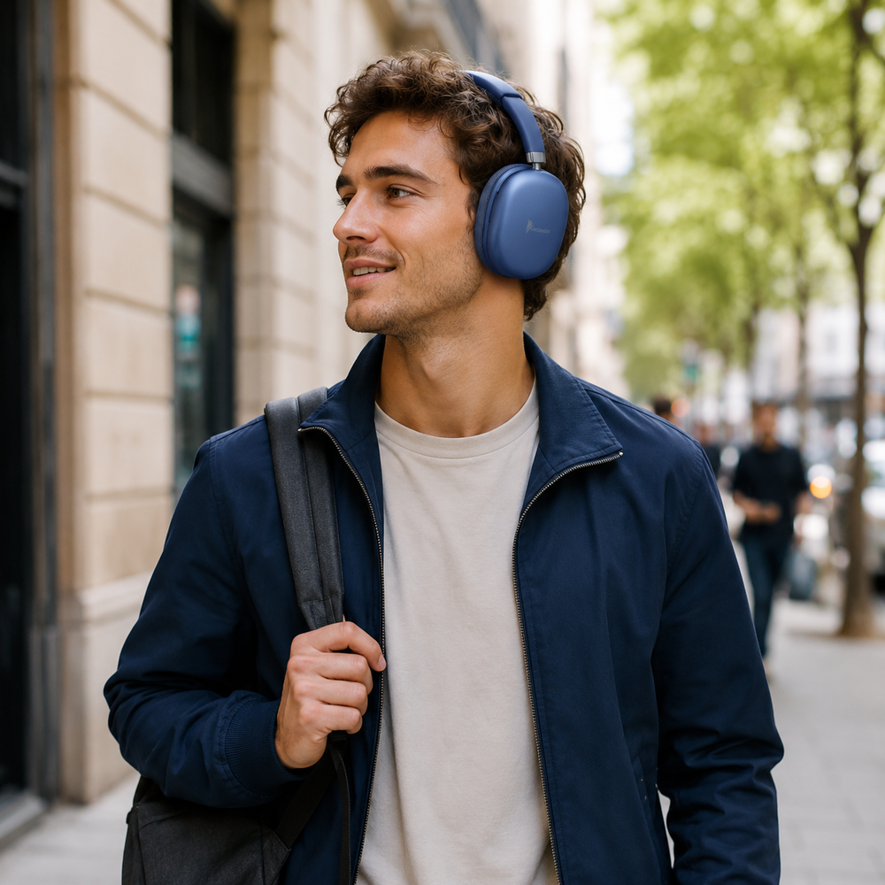 Un joven con auriculares azules y una chaqueta camina por una acera de la ciudad.