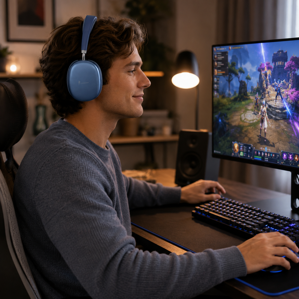 Un joven con auriculares azules está sentado en un escritorio jugando a un videojuego.