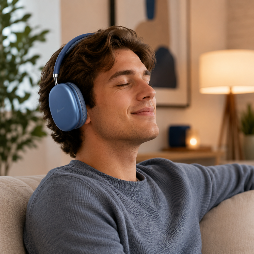 Un joven con los ojos cerrados se sienta en un sofá, usando auriculares azules en una habitación luminosa.