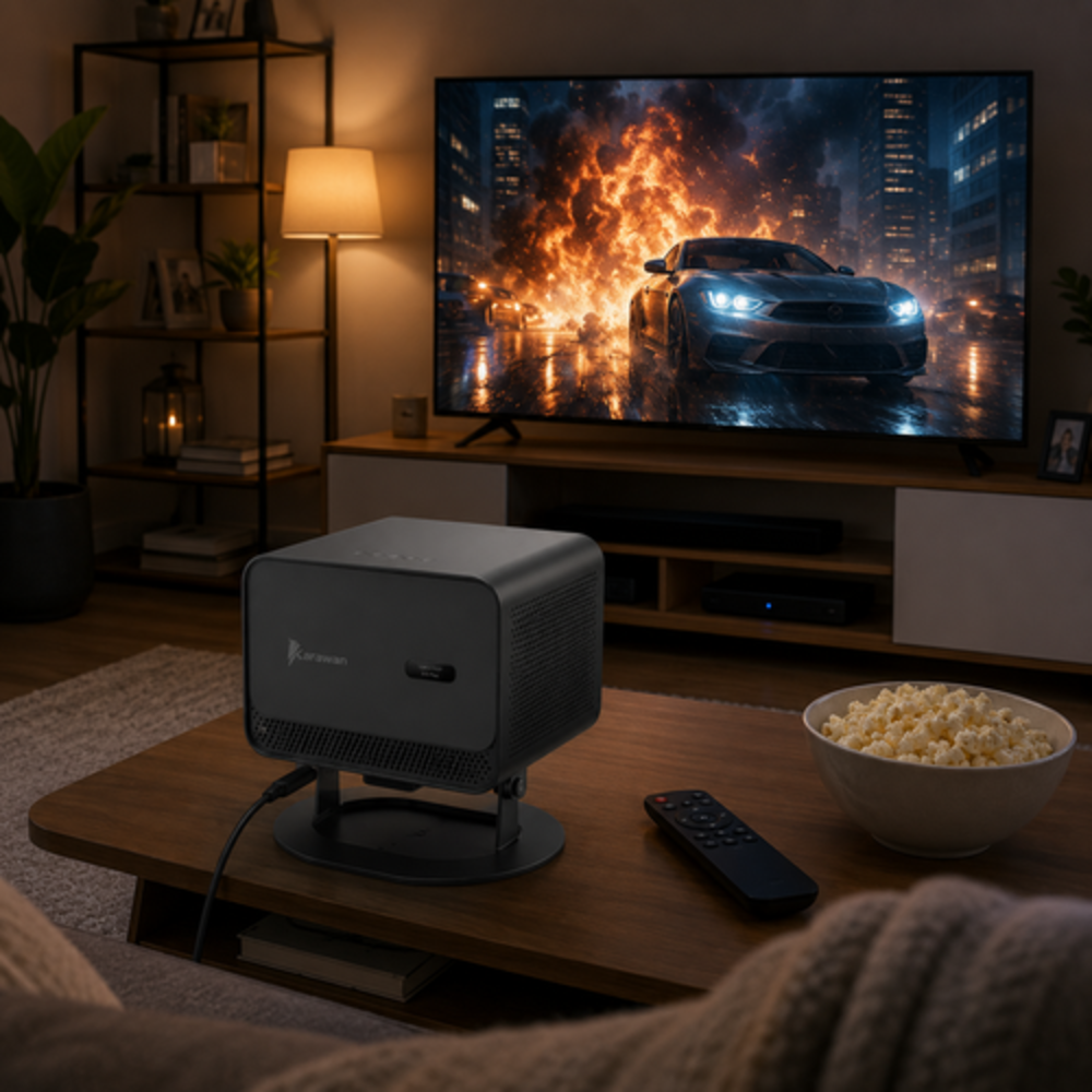 Un proyector, palomitas y un mando están en una mesa frente a un gran televisor con una escena de acción.