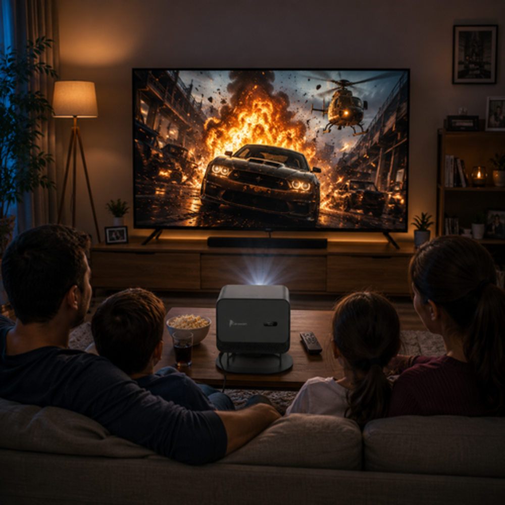 Una familia se sienta en un sofá viendo una película de acción proyectada por un proyector en una pantalla grande.