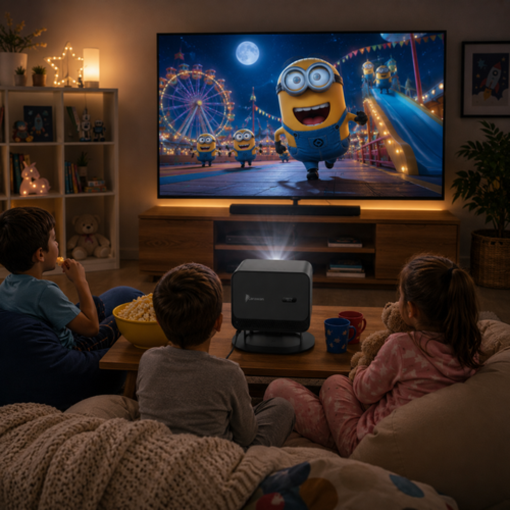 Tres niños ven una película de Minions en una sala con un proyector.
