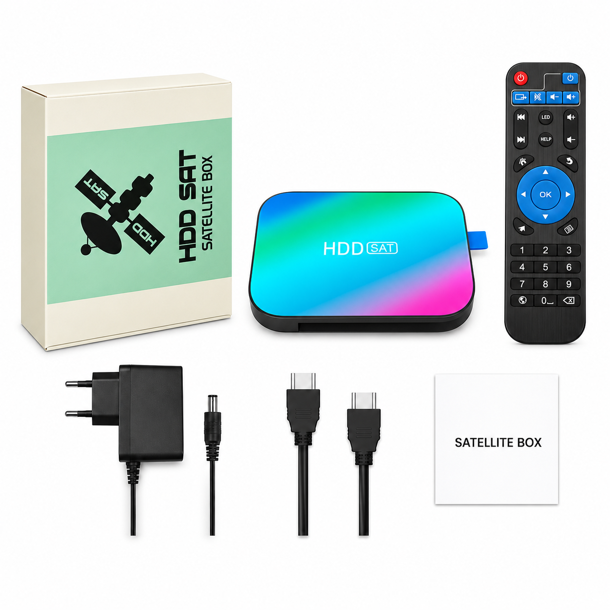 Caja satelital HDD con control remoto, adaptador de corriente, cables y manual sobre fondo blanco.
