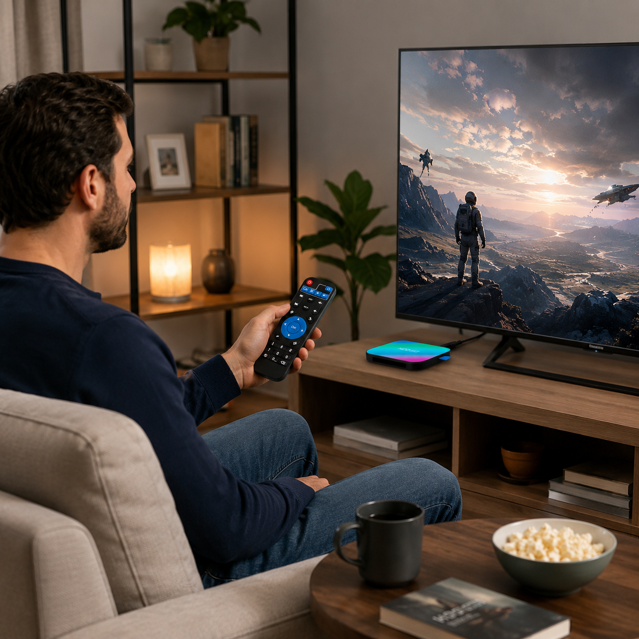 Un hombre se sienta en el sofá sosteniendo un control remoto mientras mira un televisor grande.