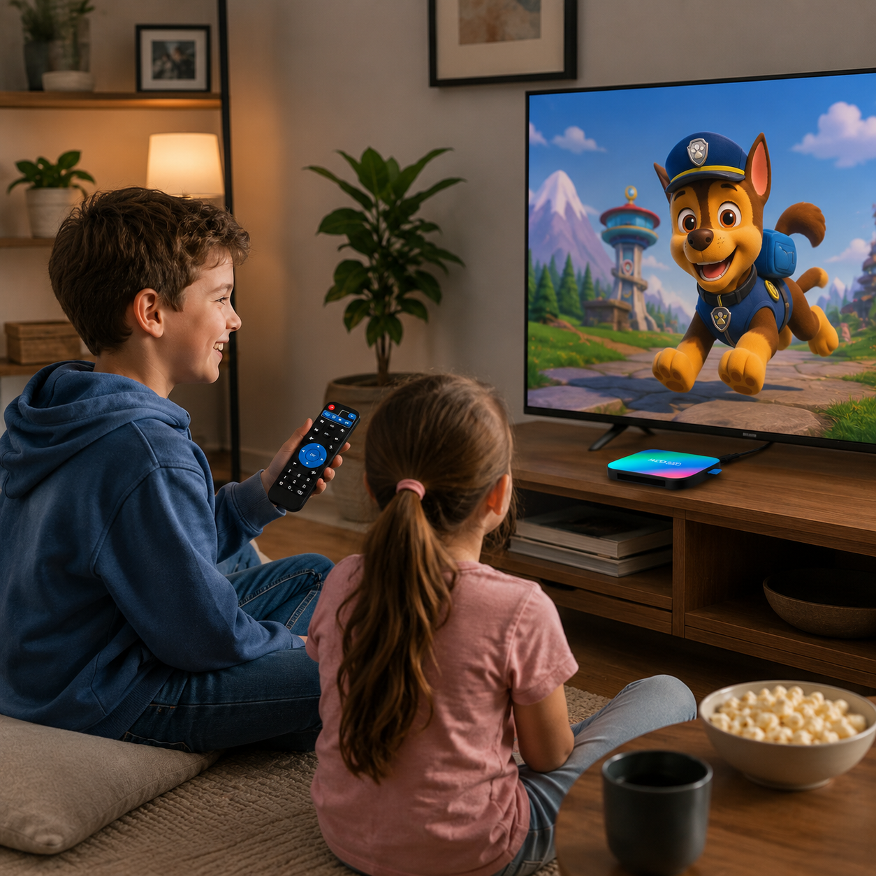 Dos niños se sientan en el suelo viendo un programa animado en la televisión.