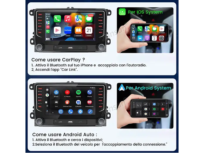Immagini dimostrative su come collegare sistemi iOS e Android a un'autoradio tramite Bluetooth.