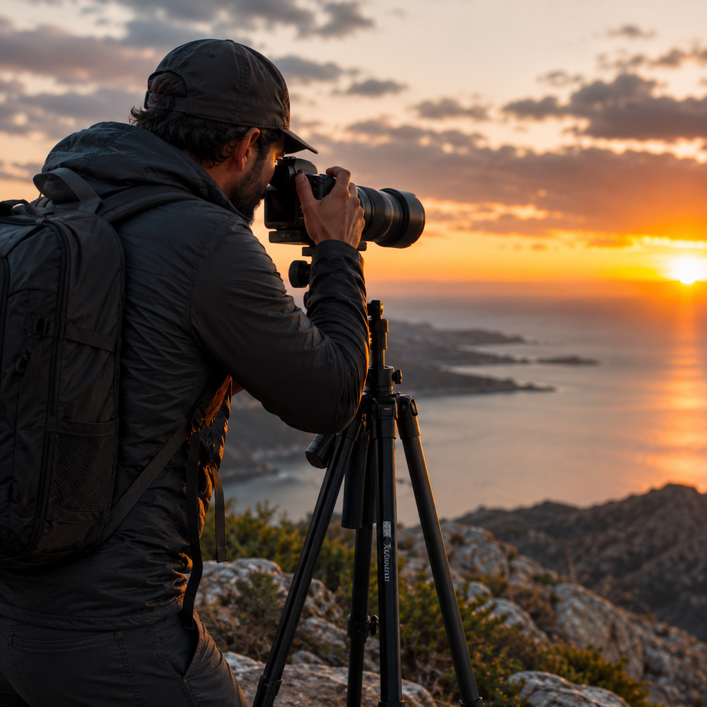 Un fotógrafo con mochila y trípode captura una puesta de sol sobre el mar.