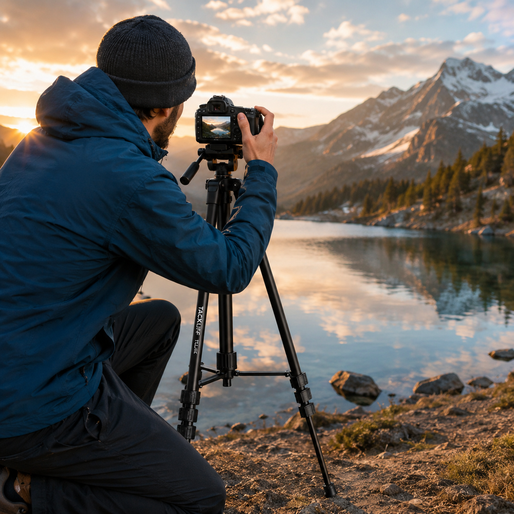 Un fotógrafo con chaqueta azul y gorro toma una foto de un paisaje de lago de montaña al atardecer.