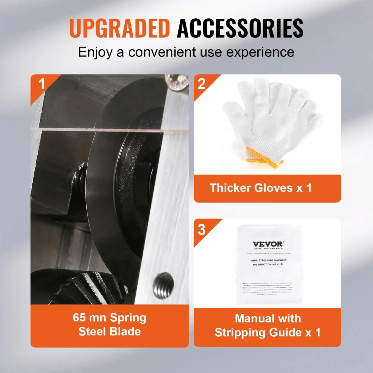 Accesorios mejorados: hoja de acero para resortes 65mn, guantes más gruesos y manual con guía.