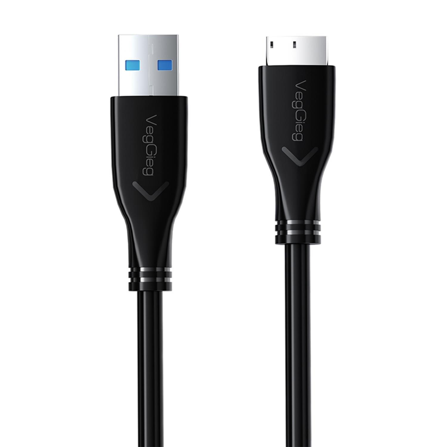Beyaz arka planda USB ve DisplayPort konnektörlü iki siyah VegGieg kablosu.