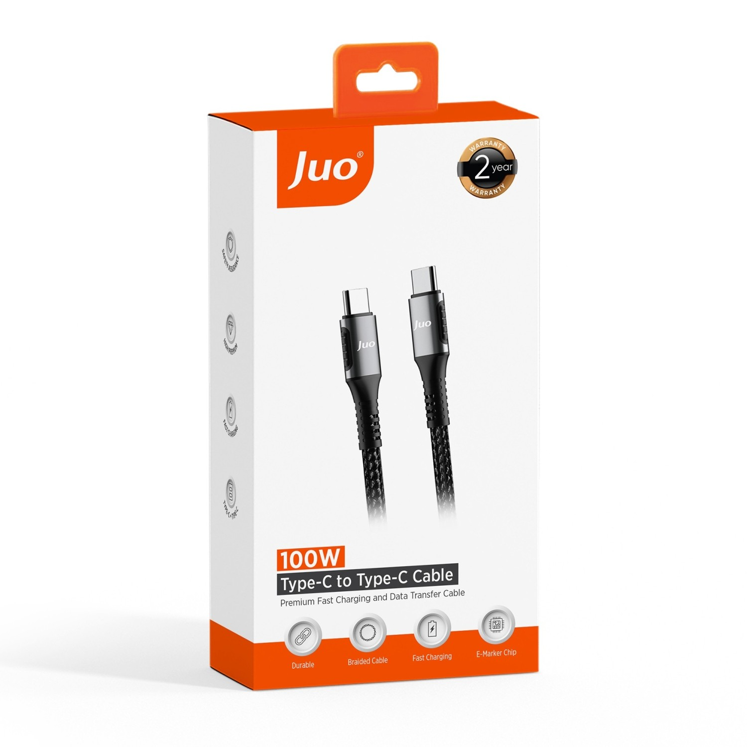 İki adet USB-C konektörlü Juo 100W Type-C - Type-C kablo ambalaj kutusu.