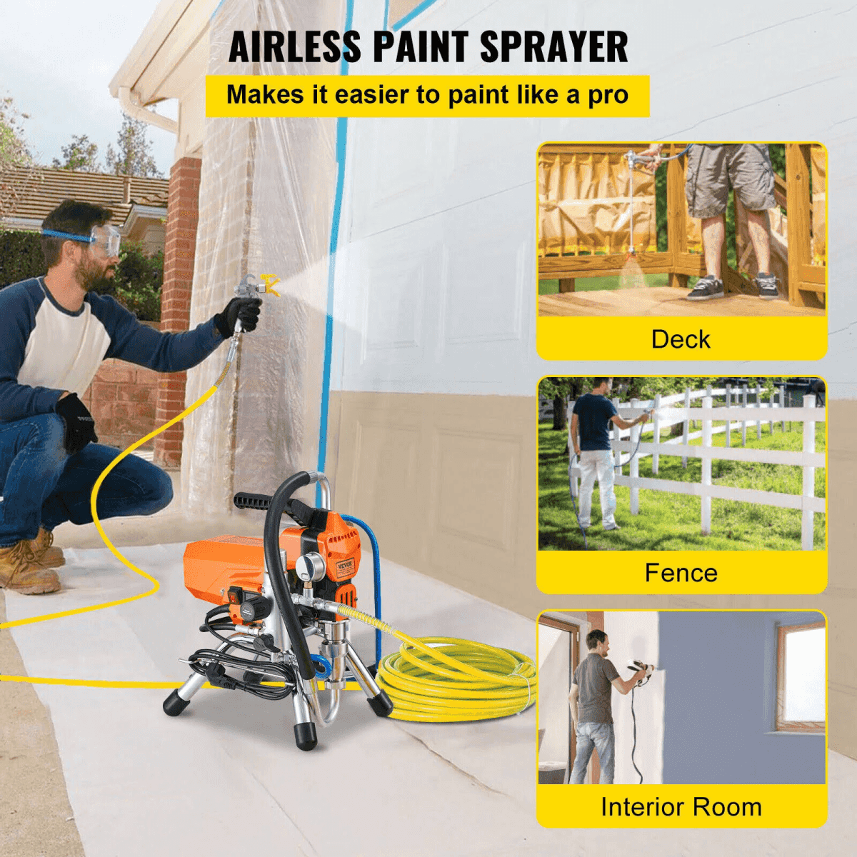 Un pulverizador de pintura naranja con manguera amarilla, usado en una pared, una terraza, una cerca y una habitación.