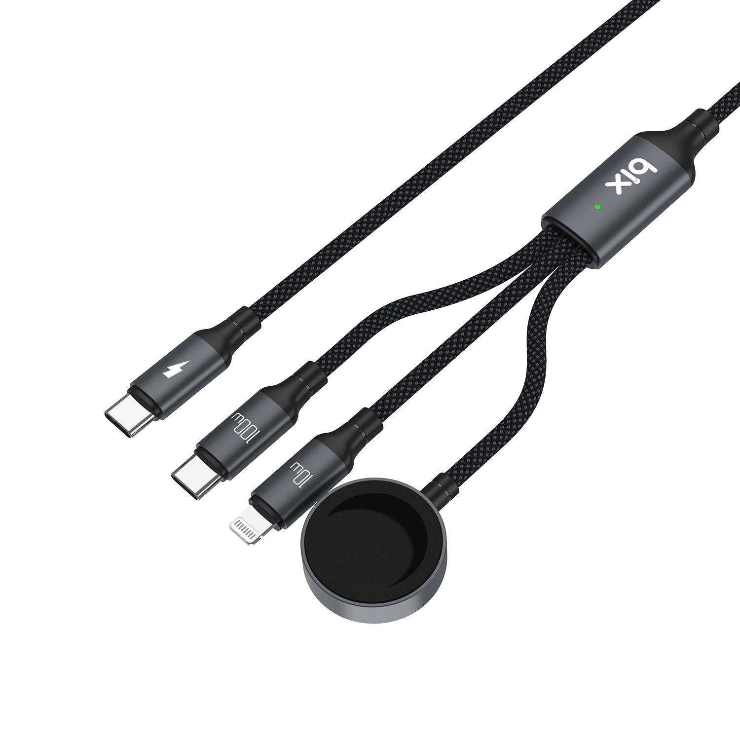 Beyaz arka planda USB-C, Lightning ve akıllı saat şarj diskine sahip siyah çoklu konektörlü şarj kablosu.