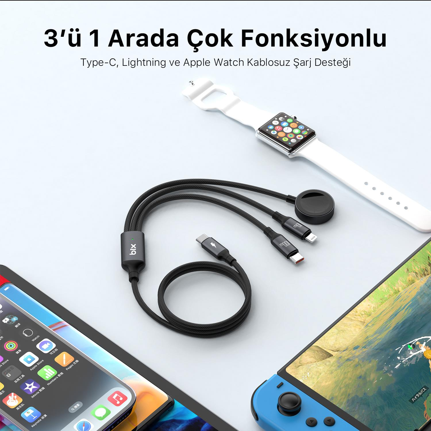 Akıllı saat, akıllı telefon ve konsolun yanında beyaz zeminde siyah 3'ü 1 arada şarj kablosu.