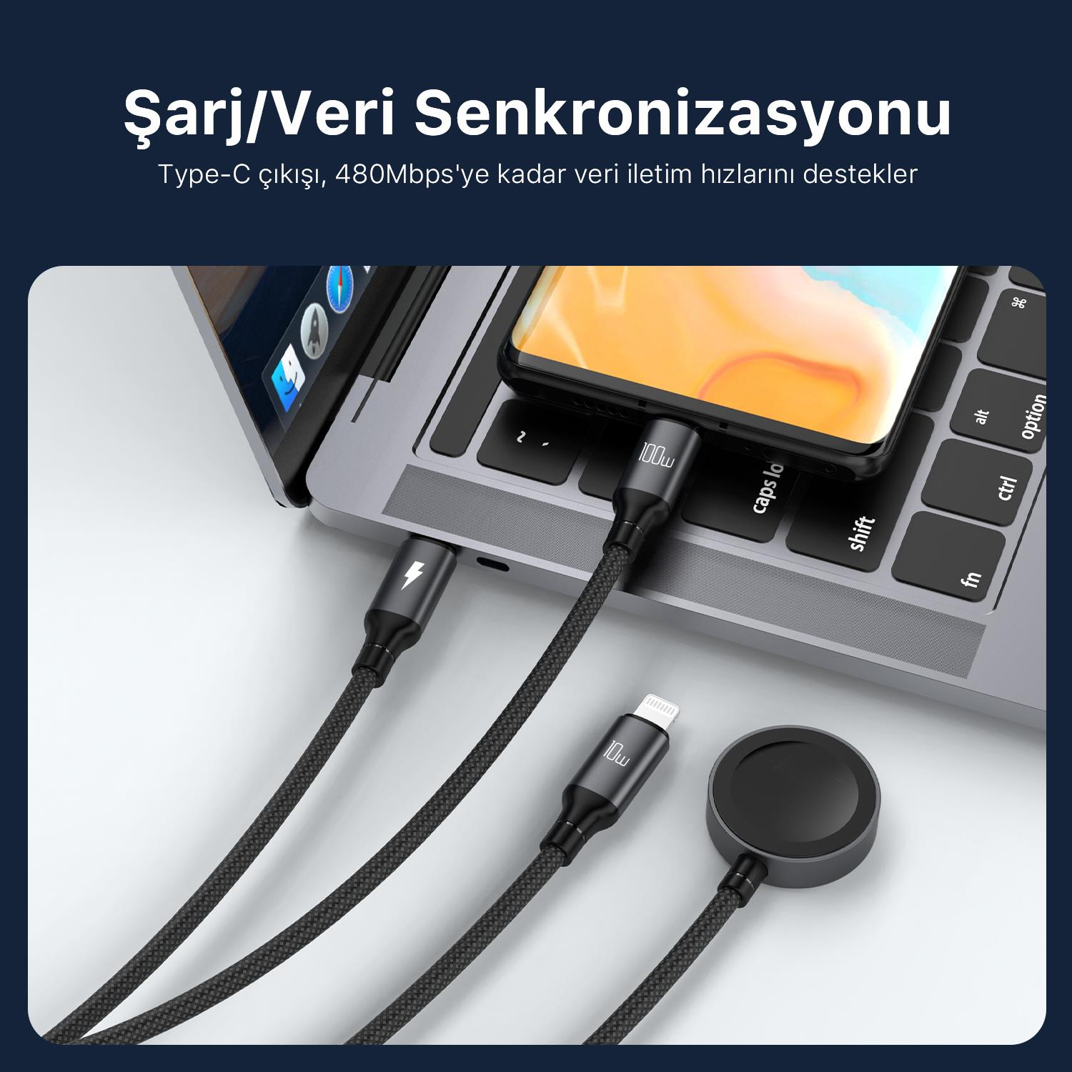 Dizüstü bilgisayar klavyesinin üzerinde çoklu bağlantı uçlu siyah şarj kablosu.
