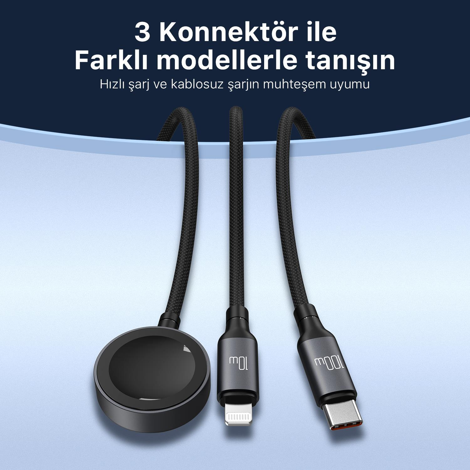 Mavi arka plan üzerinde farklı konnektörlere sahip üç siyah şarj kablosu.