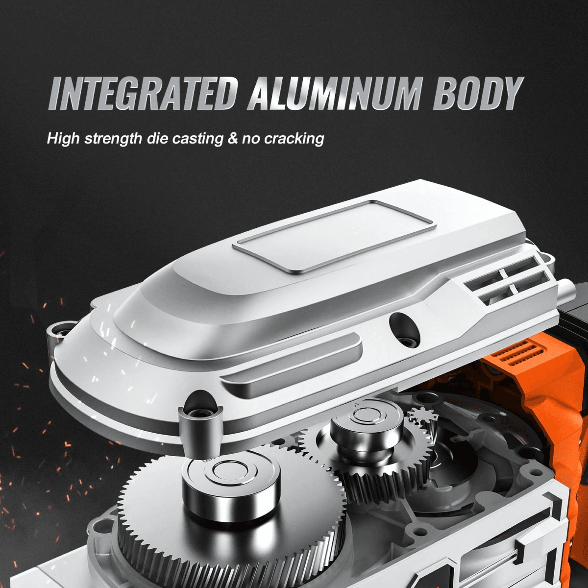 Cuerpo de aluminio integrado que muestra engranajes internos y texto.