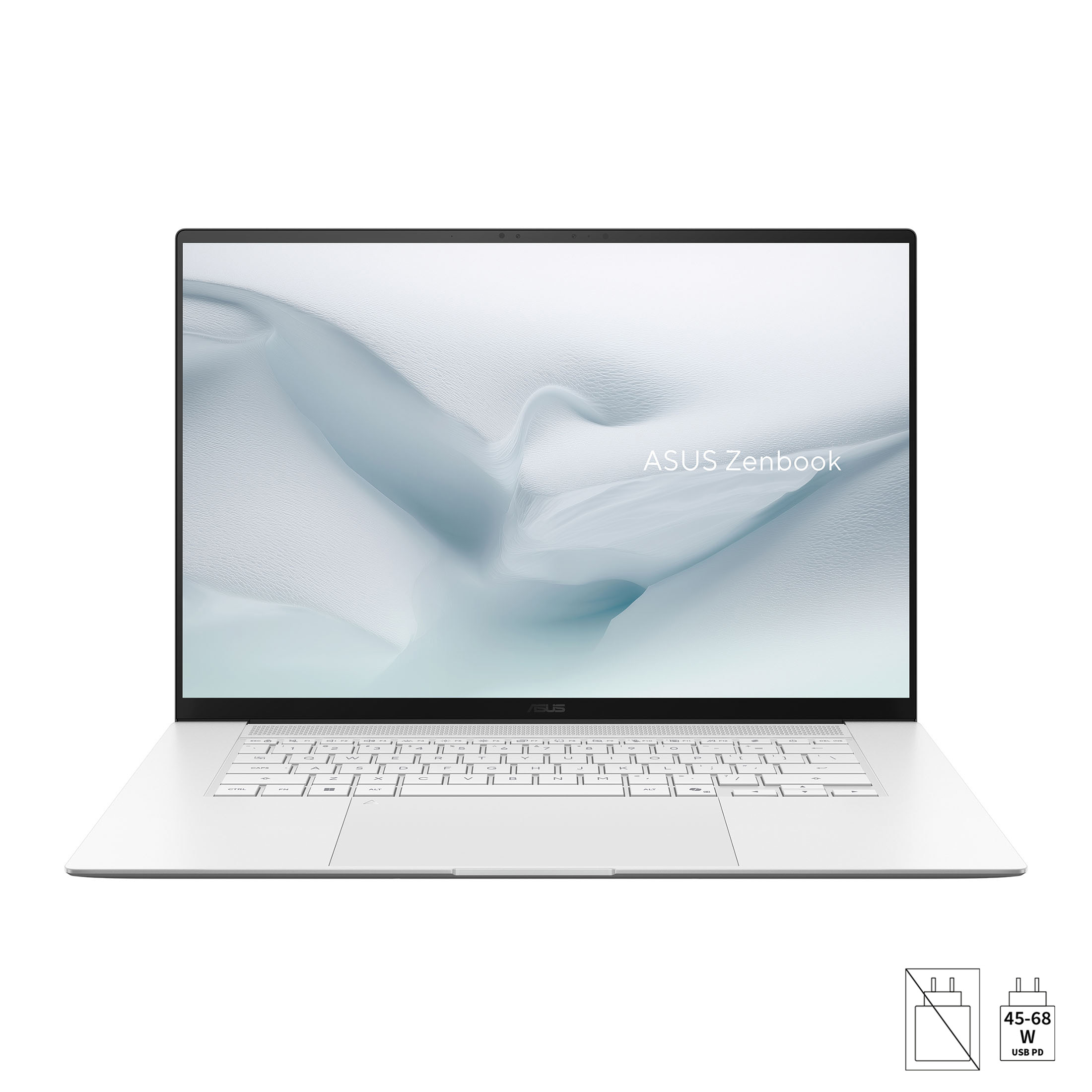 Frontansicht eines silbernen ASUS Zenbook Laptops mit hellem Bildschirm und weißer Tastatur, gegen weißen Hintergrund.