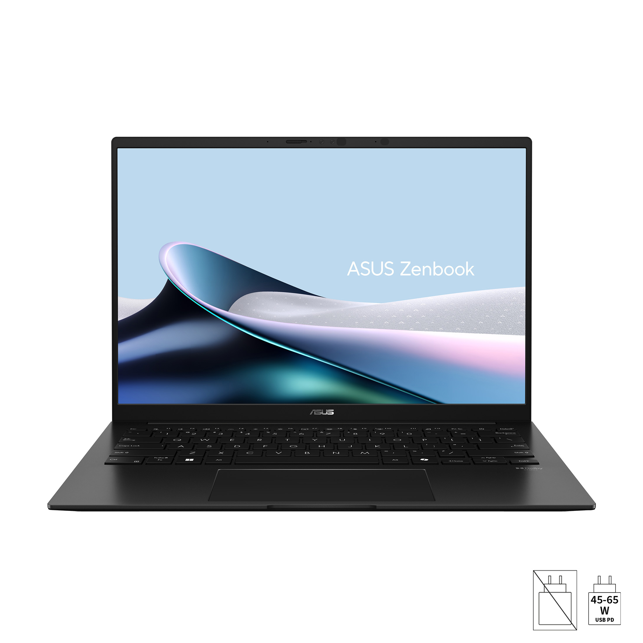 Ein schwarzer ASUS Zenbook Laptop mit blauem Hintergrundbild auf dem Bildschirm und einer Tastatur.