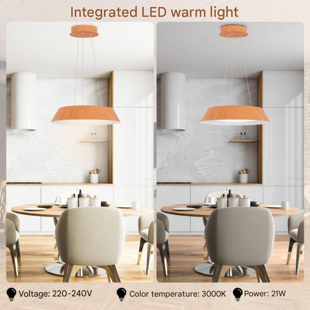 Vergelijking van een moderne houten hanglamp boven een eettafel in een keuken.