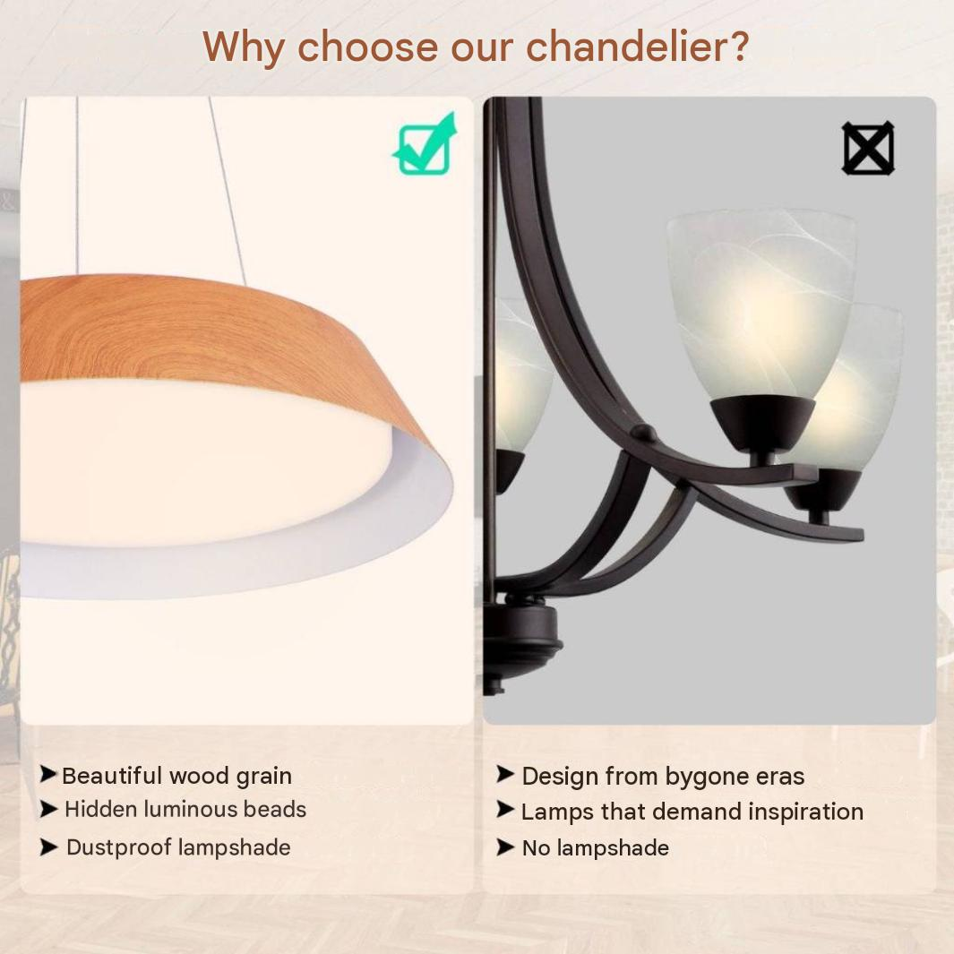 Vergelijkende grafiek van een moderne kroonluchter met houtnerf en een traditionele donkere metalen lamp.
