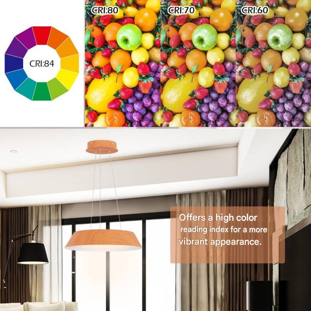 Vergelijking van fruit bij verschillende CRI-waarden en een moderne houten hanglamp in een kamer.