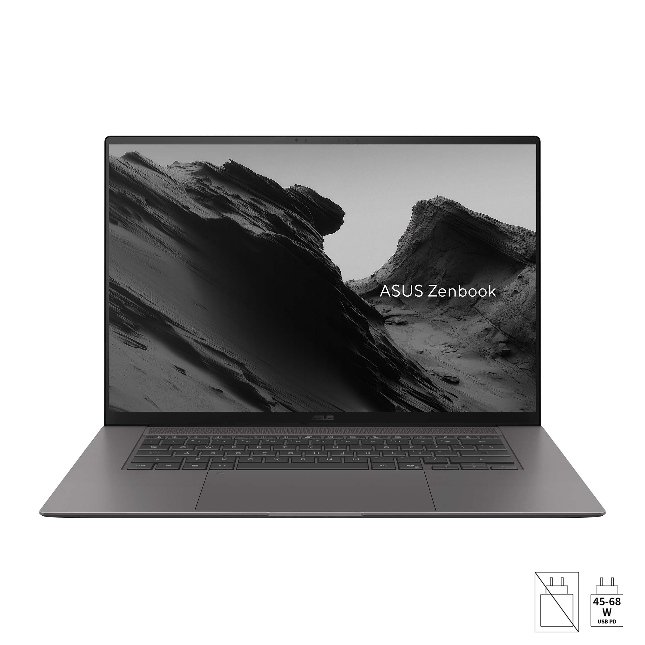 Ein grauer ASUS Zenbook Laptop mit schwarzer Tastatur und einer Berglandschaft auf dem Bildschirm.