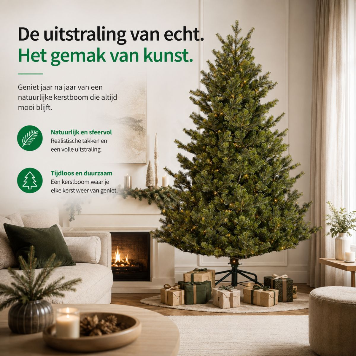 A lit Christmas tree in a bright living room with a fireplace and gifts.
