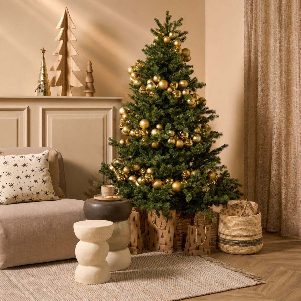 A decorated Christmas tree with gold baubles in a cozy living room.