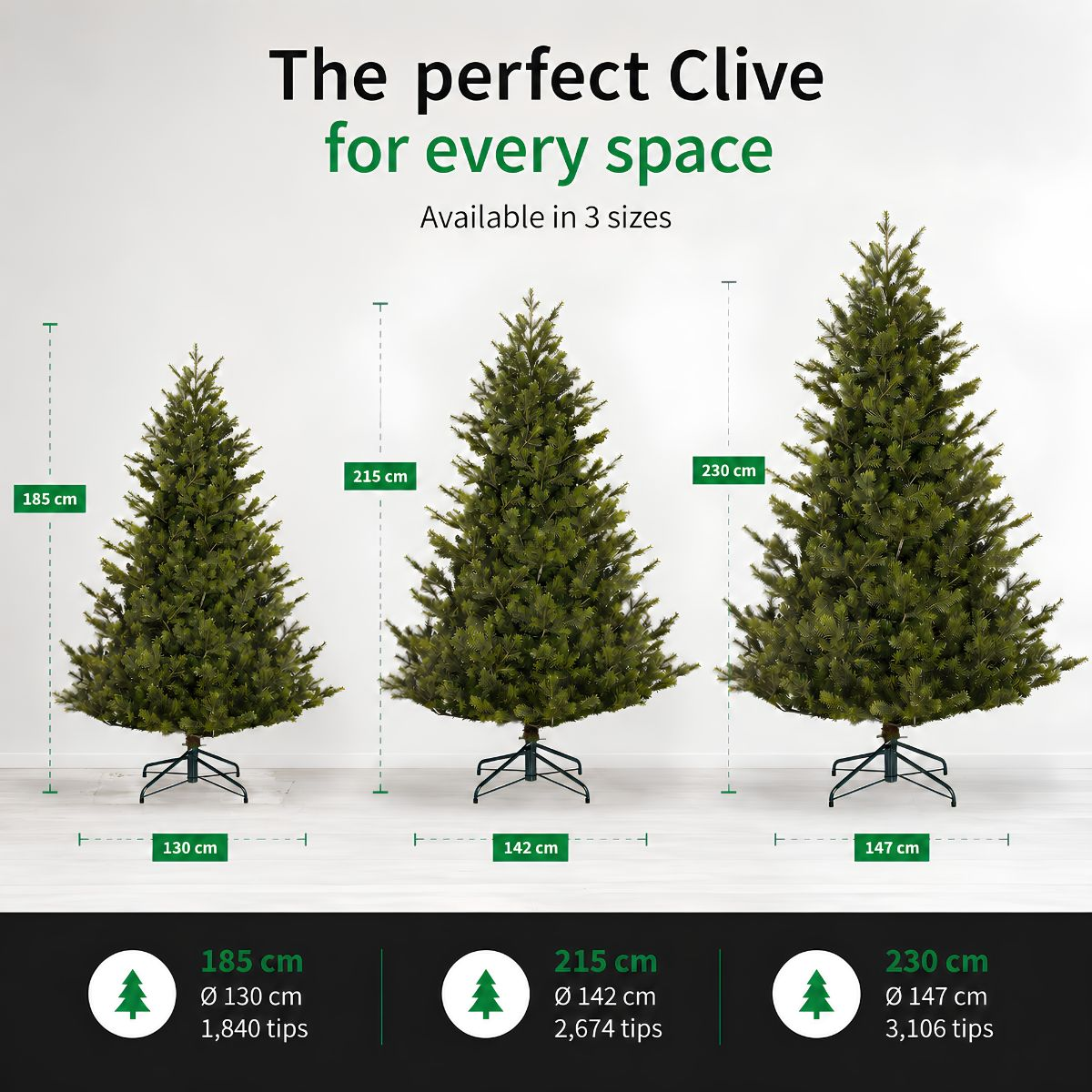 Three artificial Christmas trees with size specifications of 185 cm, 215 cm, and 230 cm.