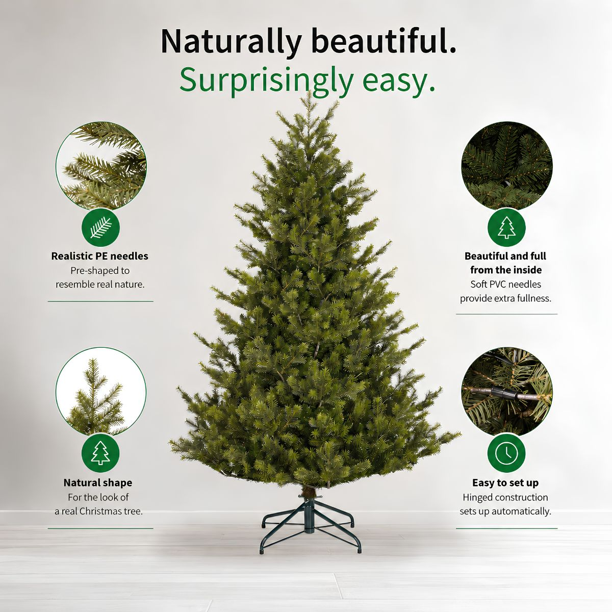 Artificial Christmas tree with realistic design, PE needles, and easy setup against a bright background.