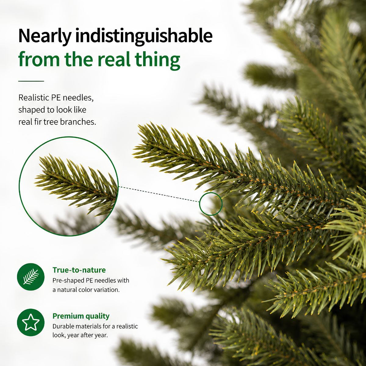 Close-up of realistic artificial fir tree branches with PE needles and text.