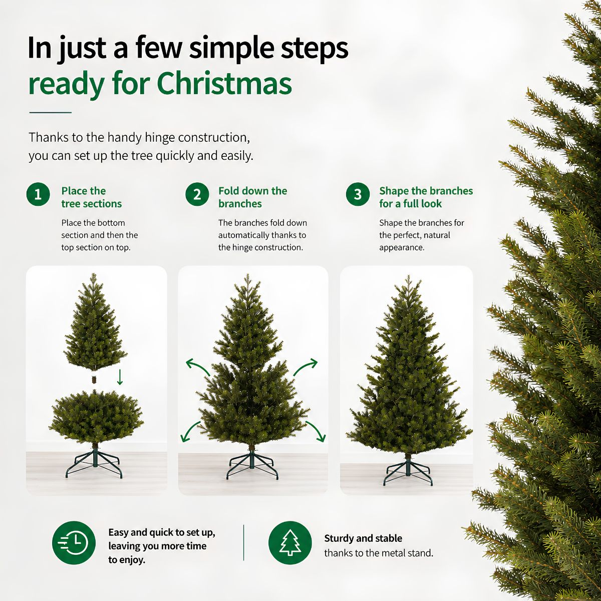 Three-step instruction guide for assembling an artificial Christmas tree with a metal stand.
