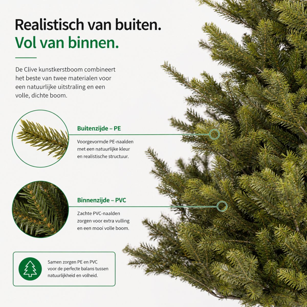 An artificial Christmas tree with PE outer branches and PVC inner needles for a realistic, full appearance.