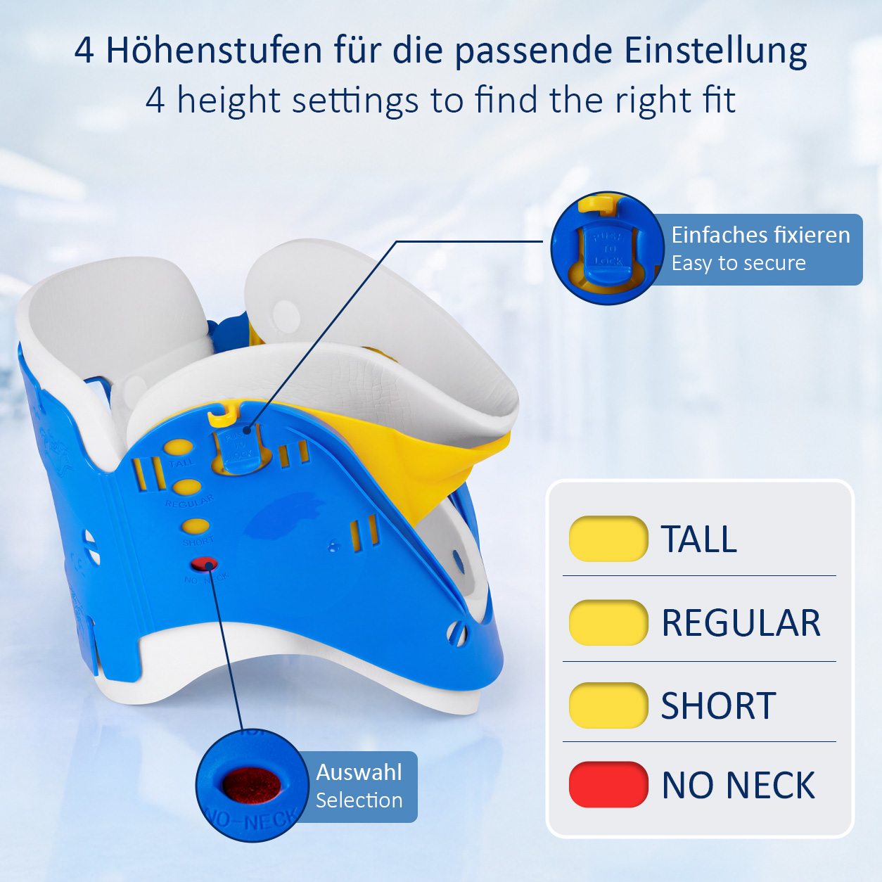 Eine blau-weiße Halskrause zeigt vier Höhenstufen: tall, regular, short und no neck.