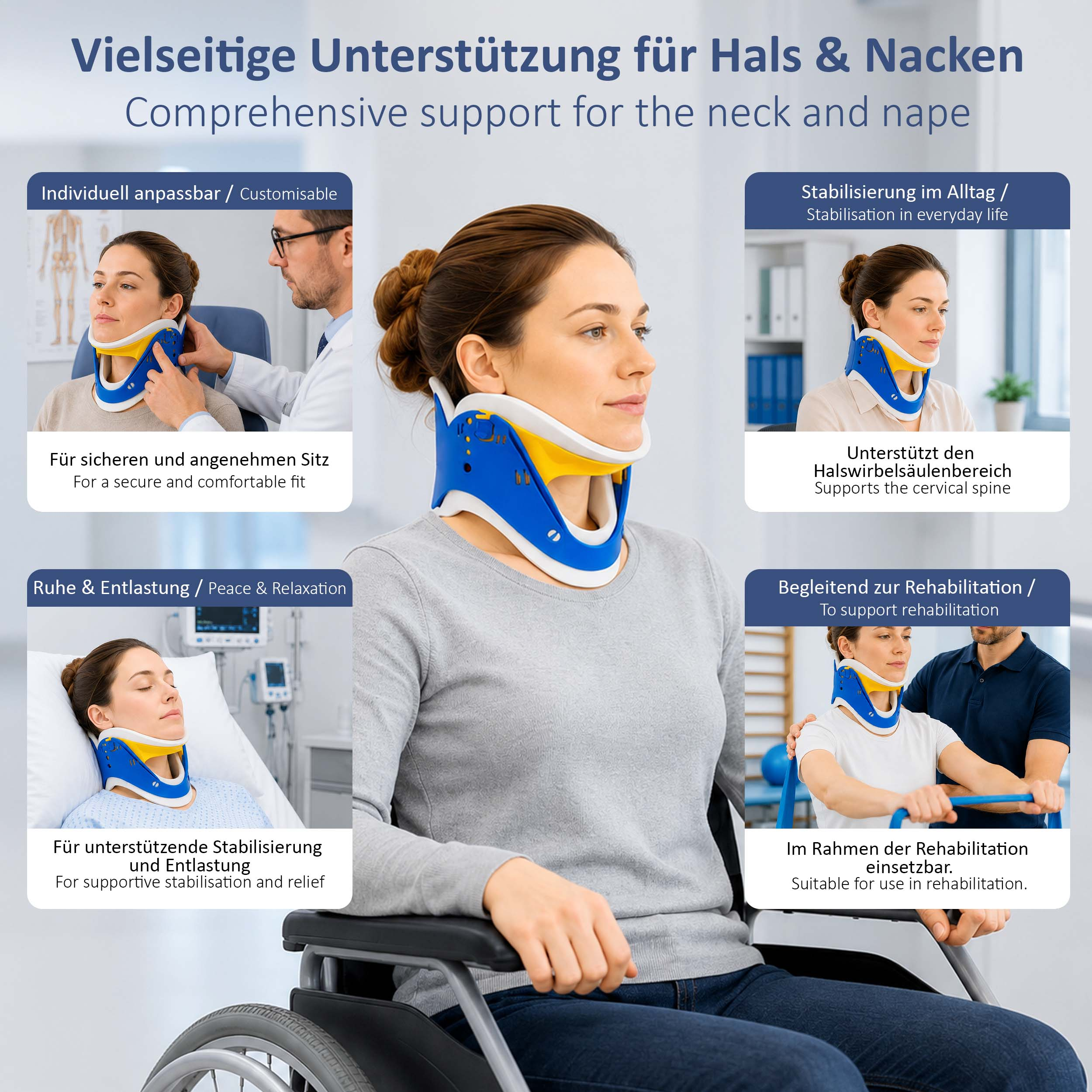 Eine Frau trägt eine blaue und gelbe Halskrause, umgeben von Bildern, die verschiedene Anwendungsszenarien zeigen.